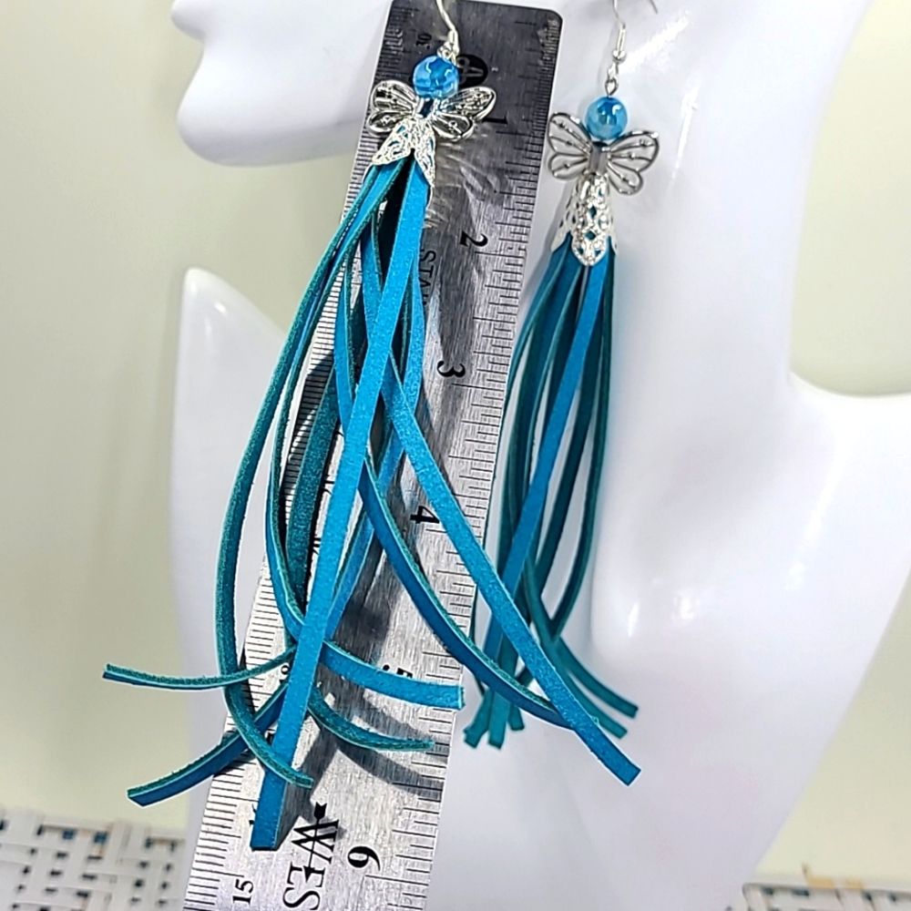 Handmade leather fringe butterfly agate earrings - Picture 2 of 5